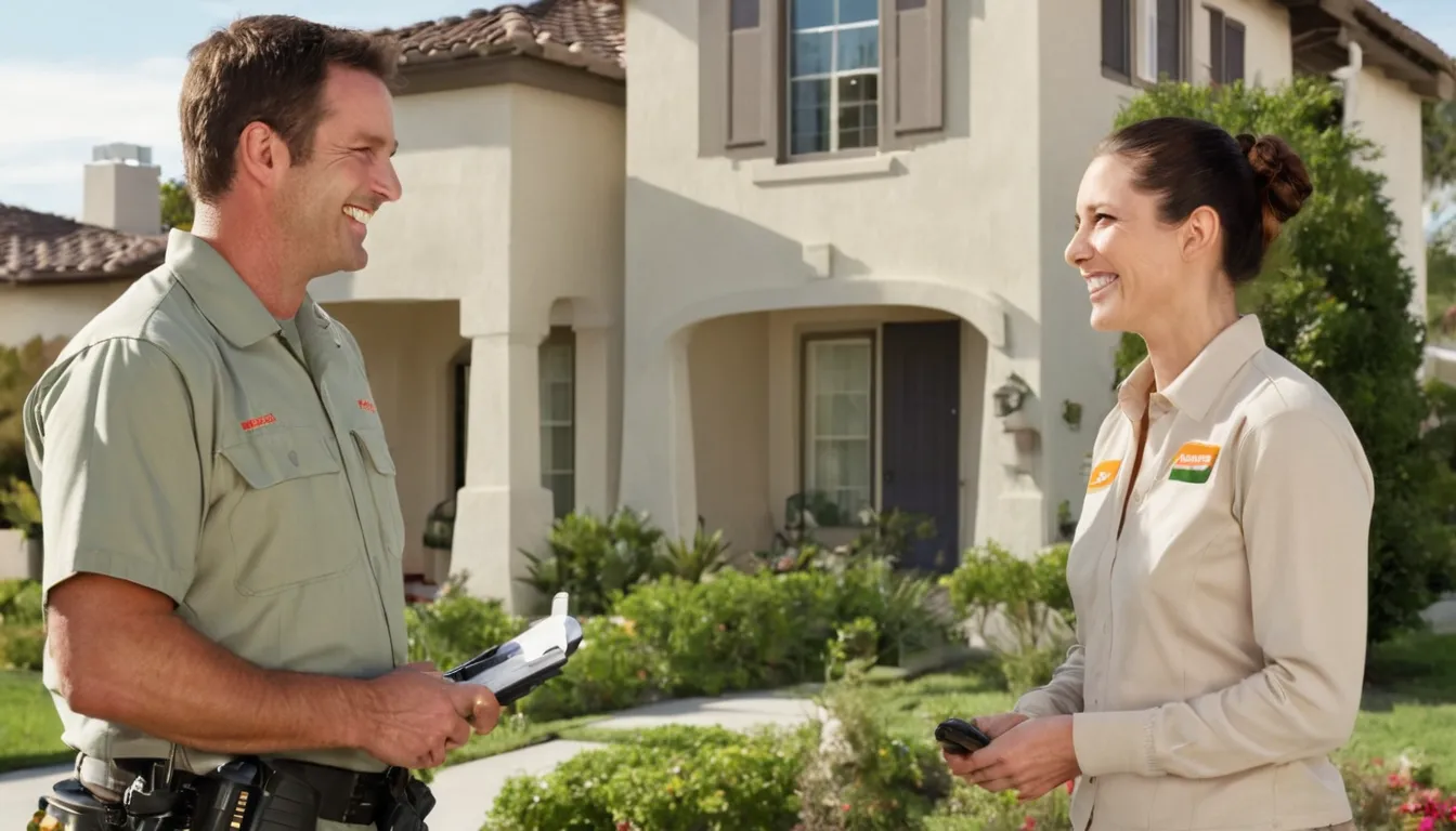 Homeowner talking with a pest control provider outside a stucco ranch home near San Diego